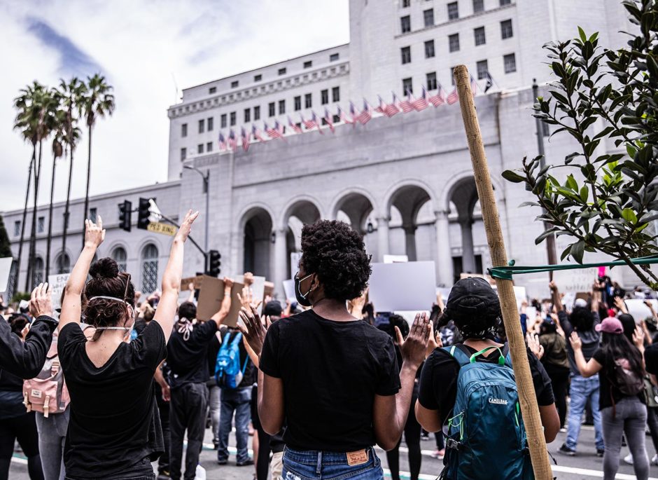 Scenes From Tuesday S Protests In Los Angeles   Pretestors City Hall Dtla Hands Up Dont Shoot 940x685 