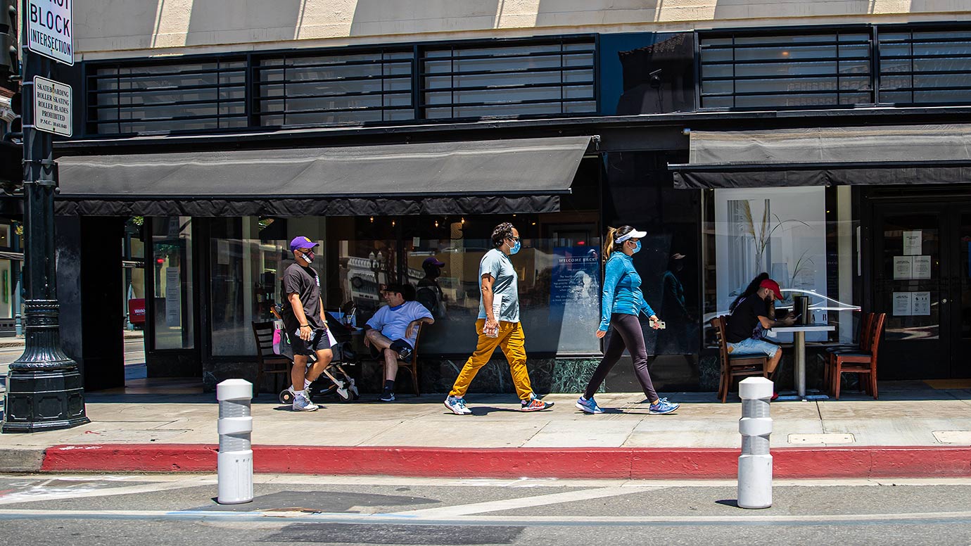 People wearing masks in Old Town Pasadena