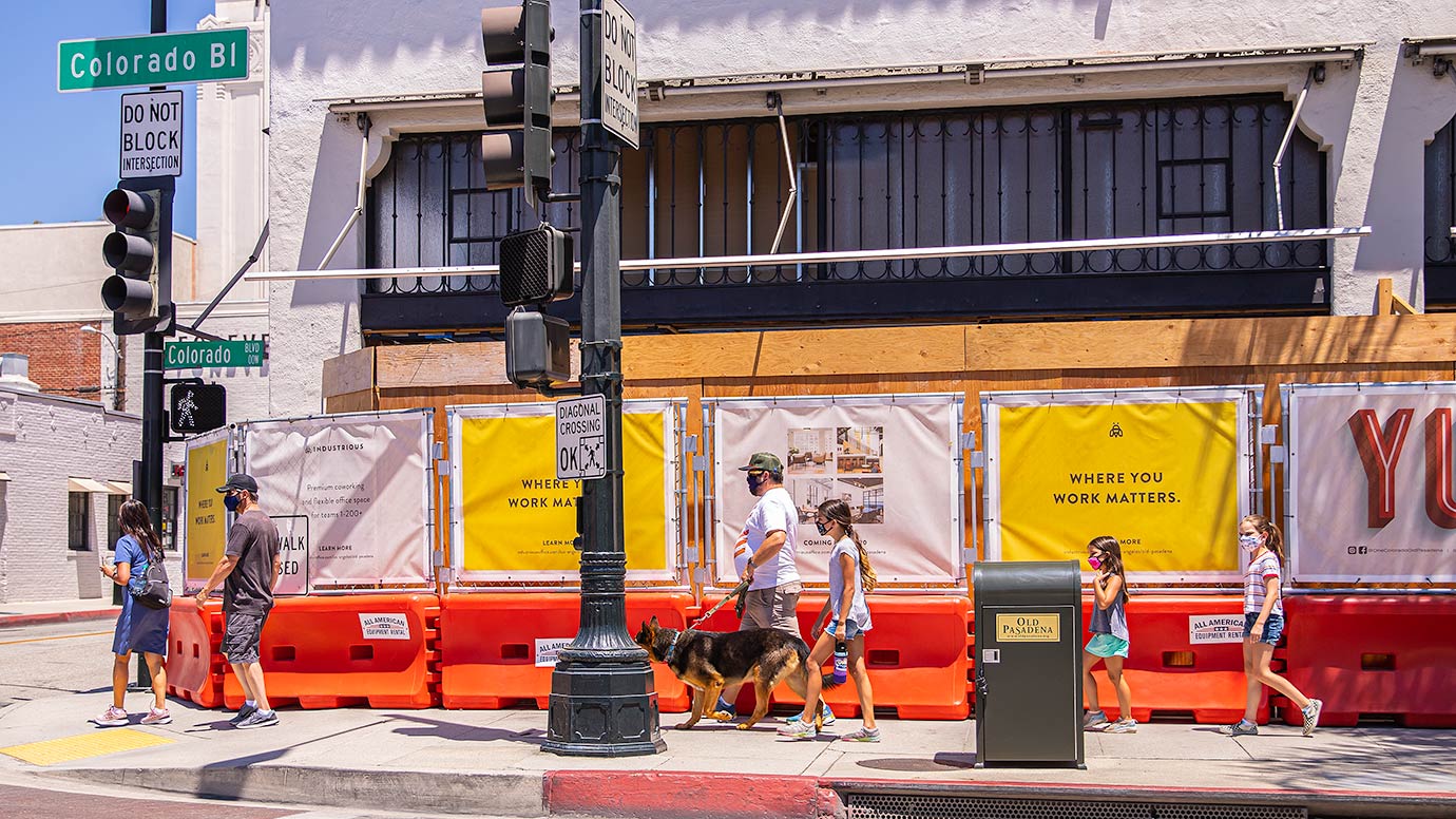 People wearing masks in Old Town Pasadena