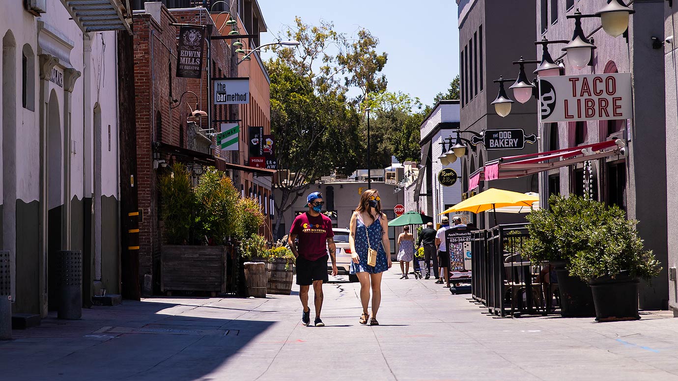 People wearing masks in Old Town Pasadena